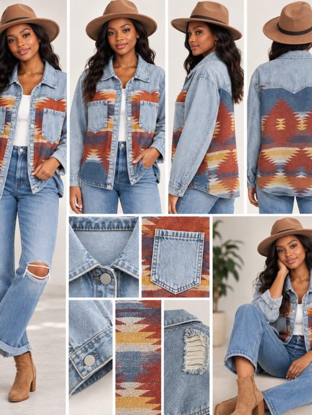 Blue B Collection Southwestern Denim Jacket Aztec Western Distressed Shacket S